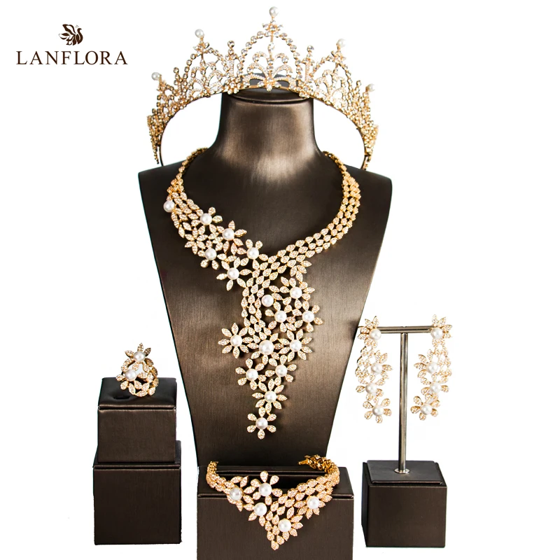 LANFLORA boutique fashion pearl and CZ jewelry set crown wedding luxury cubic zirconia for bridal sets free shipping | Украшения и