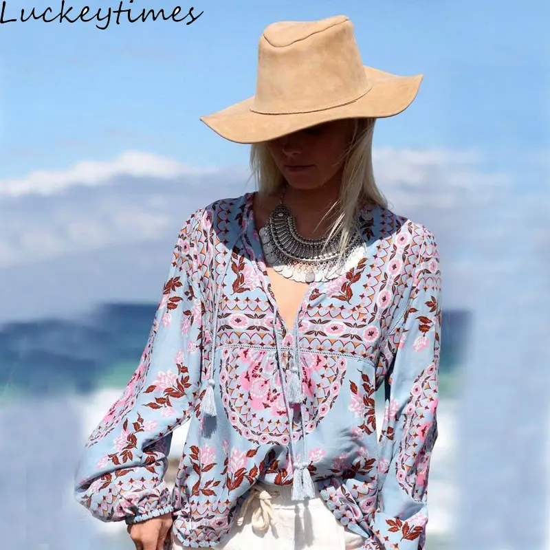 Женская блузка luckytime с цветочным принтом треугольным вырезом и кисточками
