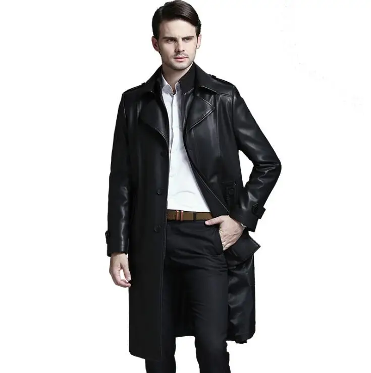 Новая модная мужская теплая зимняя одежда Длинная кожаная куртка из овечьей кожи
