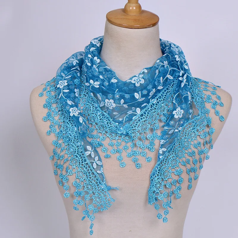 

Fashion Floral Lace Triangle Scarf For Women Neck Cover Hollow Solid Color Scarves With Fringe Ladies Bandana 150*40cm 19color