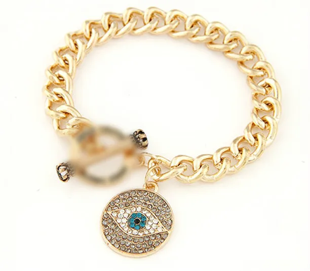BRS005 Gold Lucky Rhinestone Fatima Hand Chain Bracelet Hamsa Blue Evil Eye Charm Crystal BangleHot Jewelry Bijoux Pulsera Mujer | Украшения