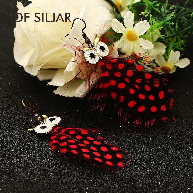 Red Purple Dot Peacock Feather Earrings long Owl Dangle Drop Hanging Ethnic For Women 2017 New Design Y1785 | Украшения и