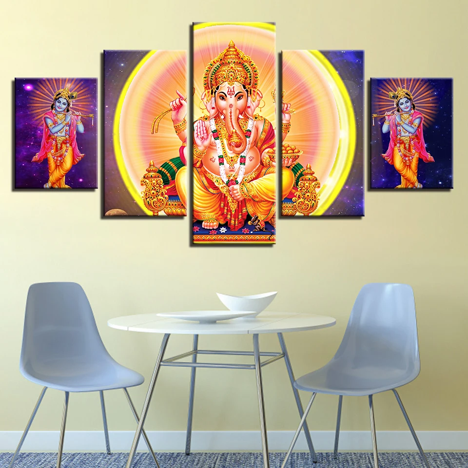 Современная печать модульная Картина на холсте 5 шт. ствол слона God Ganesha рамка