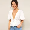 SHEIN глубокий вырез рукава-крылышки с завязкой спереди Сексуальная Блузка Для женщин летнее платье с глубоким v-образным вырезом белая блузка однотонные с коротким рукавом женские топы