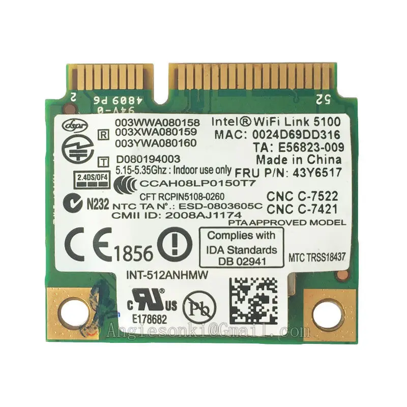 Сетевая WLAN Wi Fi карта ANHMW 43Y6517 5100 001 для Lenovo IBM Intel 512 Mbps T400S SL410 SL510 Dv6 Dv7 Dv8|wifi card|wlan wifiwifi