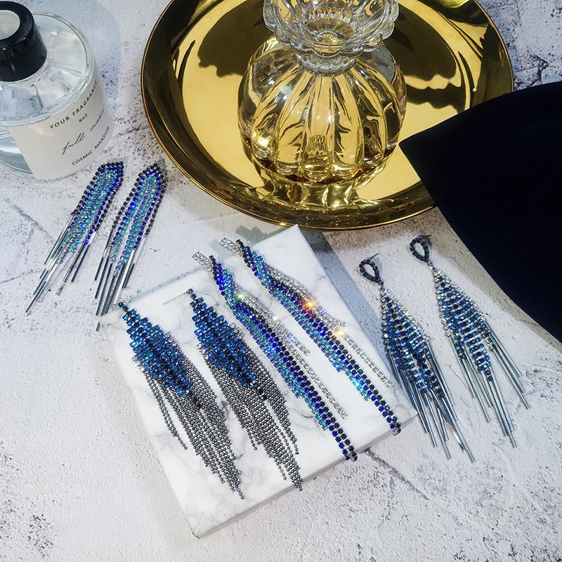 

DREJEW Long Tassel Blue Black Rhinestone Statement Earrings Korean Crystal Alloy Drop Earrings for Women Fashion Jewelry HE664