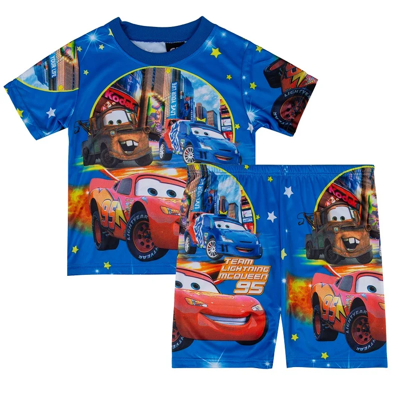 Cars blue Новая летняя детская пижама для мальчиков, детская одежда, комплект одежды с короткими рукавами для мальчиков, пижамный комплект с короткими рукавами человек-паук Железный человек - Цвет: Cars blue