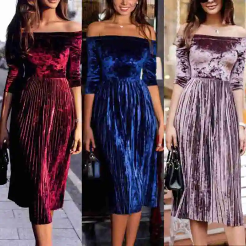 Fashion Women's Off-Shoulder Long Sleeve Pleated Velvet Formal Dress Evening Party Midi | Женская одежда