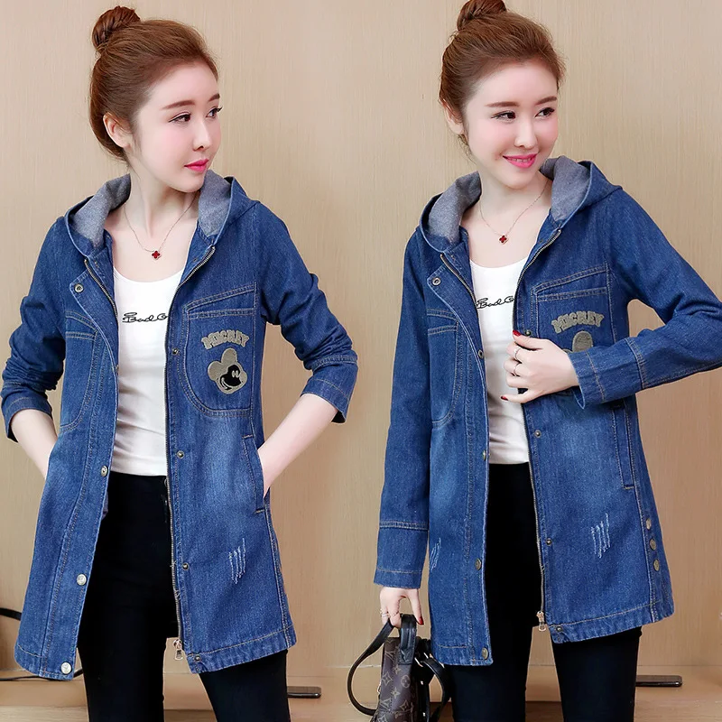 

New Spring Autumn Women Coat Plus Size Fashion Casual Loose Back Letter Hooded Jeans Trench Coat For Women Denim Outerwear S-5XL