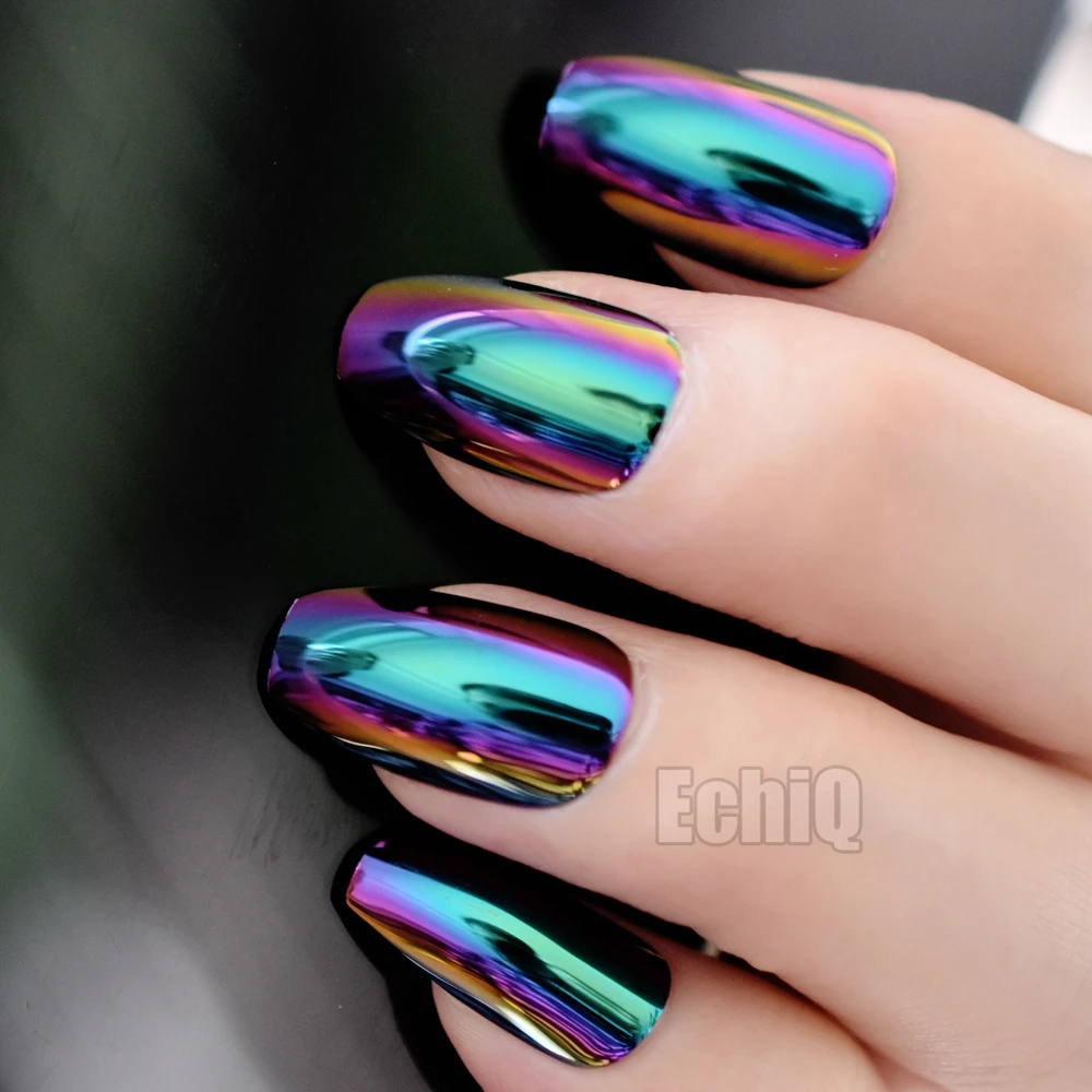 

24Pcs Holographic Fake Nails Blue Purple Coffin False Nails Fashion Nail Design Full Cover DIY Nail Art Manicure Tools Z905