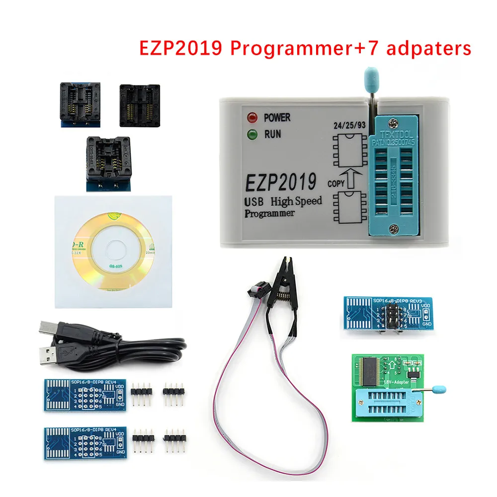 with 7 adpater EZP2019+ высокоскоростной USB SPI программатор+ 12 адаптер SOP8 тестовый зажим sop8/16 1,8 V Адаптер Гнездо flash bois 24 25 EEPROM - Цвет: with 7 adpater