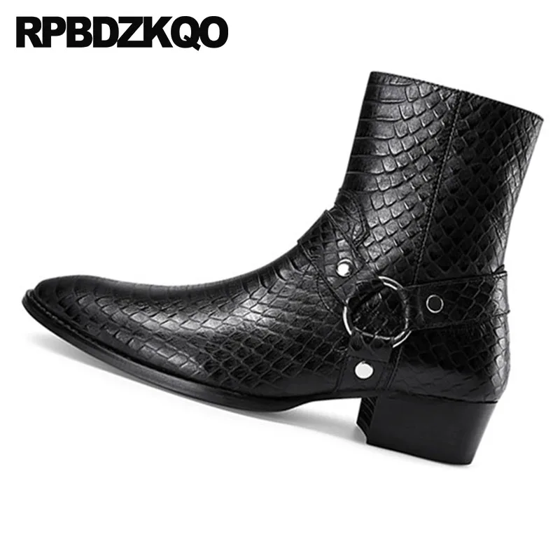 

Genuine Leather Ankle Plus Size Snakeskin Pointed Toe Black Shoes Harness Zipper Crocodile Full Grain Boots Men Chunky Runway