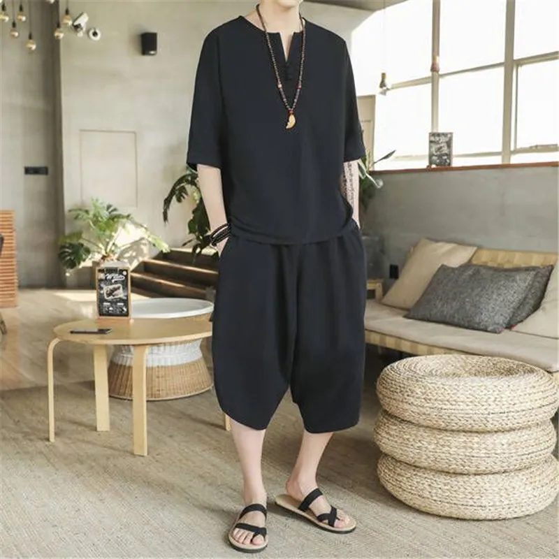 Fashion Sets Linen Short Set 2019 Summer Mens Cotton Shorts Suit Male Streetwear Chinese Style 2 Piece V-Neck | Мужская одежда
