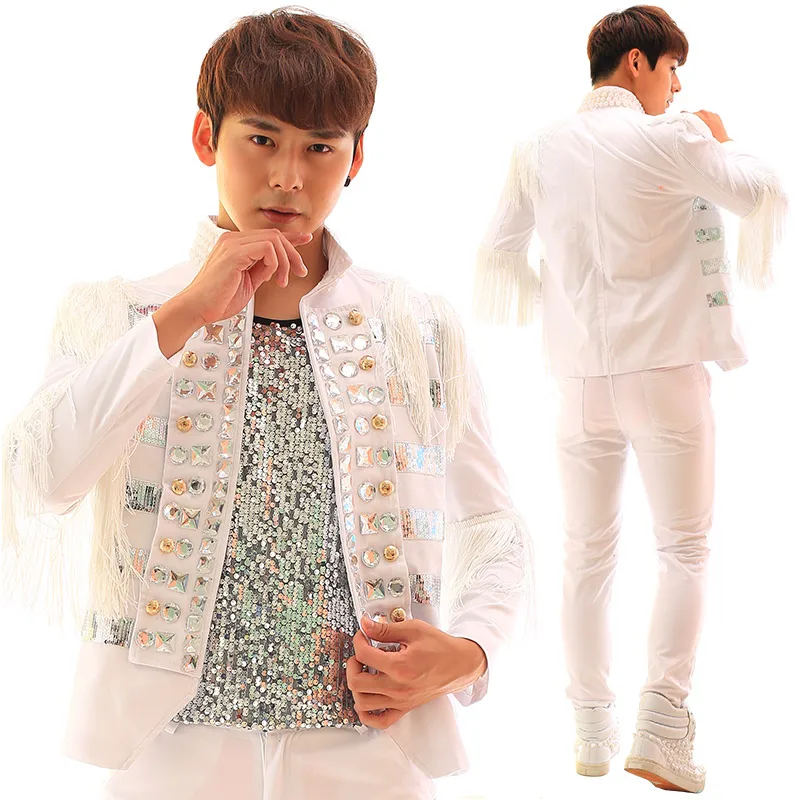 Белые мужские костюмы с кисточками и бриллиантами сценические для певцов