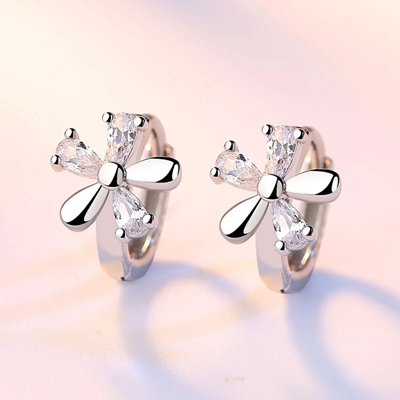 

925 Silver Needle Wholesale Rose Flower Shiny Crystal Ladies Stud Earrings Jewelry Anti Allergy Christmas Gift Female