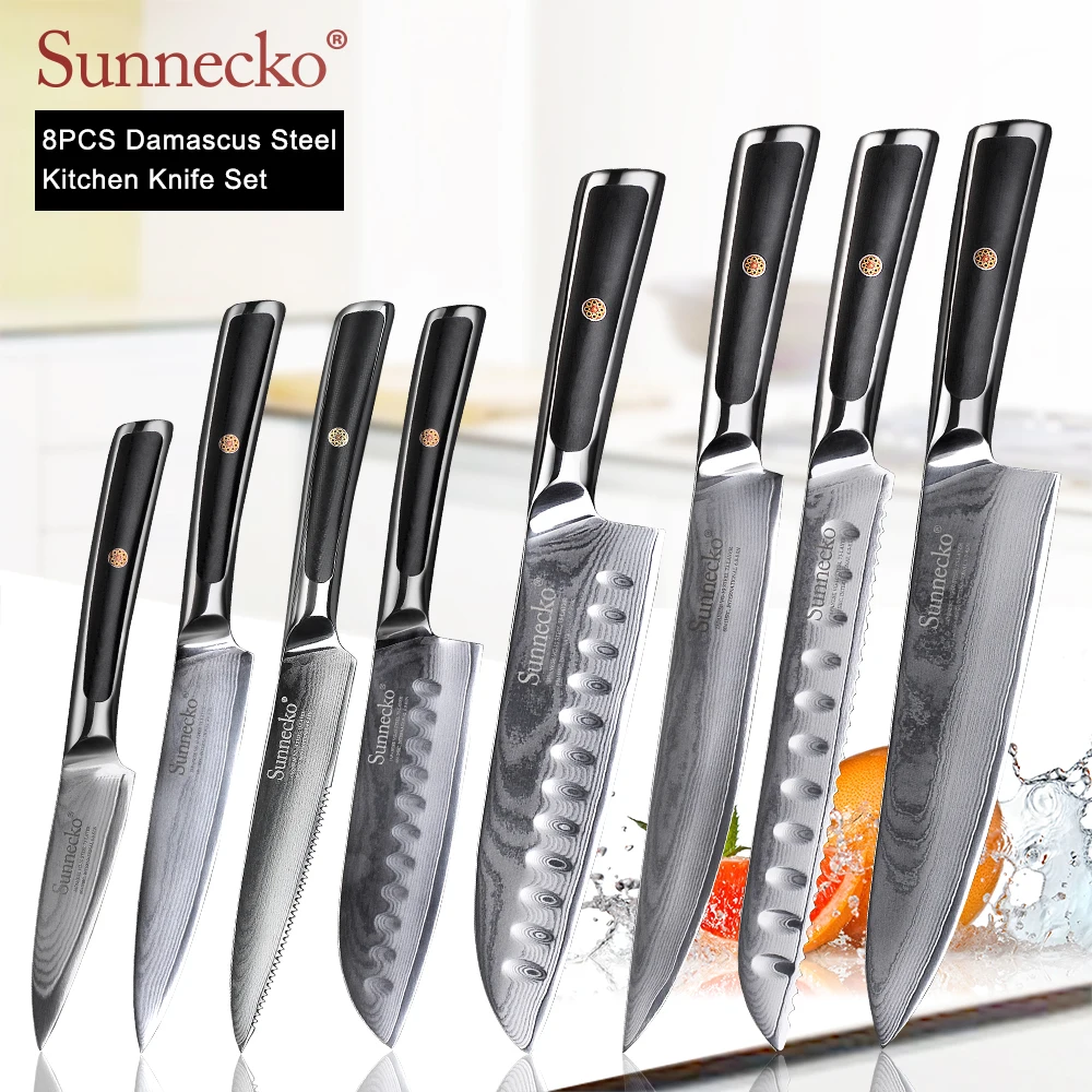 SUNNECKO 2-8pcs/set Damascus Chef Utility Bread Paring Santoku Knife Japanese VG10 Steel G10 Handle Meat Cutting Kitchen Knives
