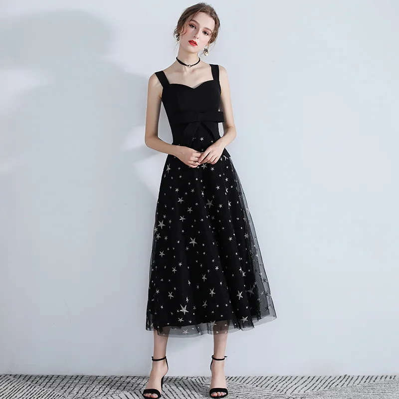 Простой Черный Спагетти ремень Кружева Vestidos De Festa без рукавов чай Длина