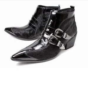 Ботинки мужские из натуральной кожи, классические, заостренный носок, конский волос, модная Пряжка, молния, высокий каблук, байкерские ботинки
