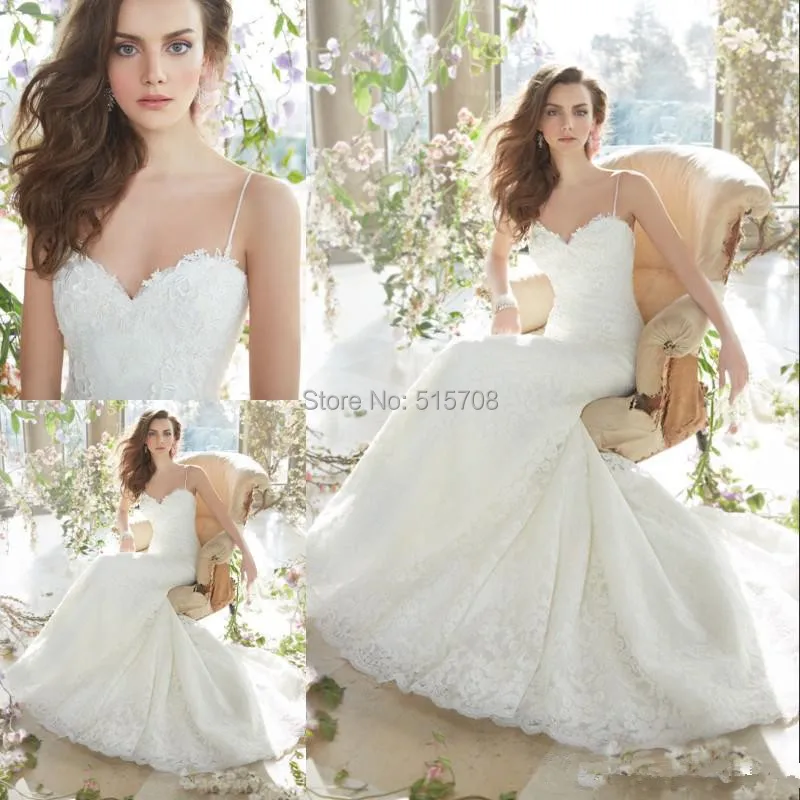 

Sexy Spaghetti Straps 2015 Lace Wedding Dresses Sweetheart Sleeveless Court Train Mermaid Bridal Gown Garden Wedding Dresses