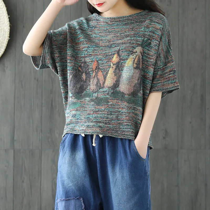 Женщины Лето O-образным Вырезом Ретро Футболки Отпечатано Винтаж Характер