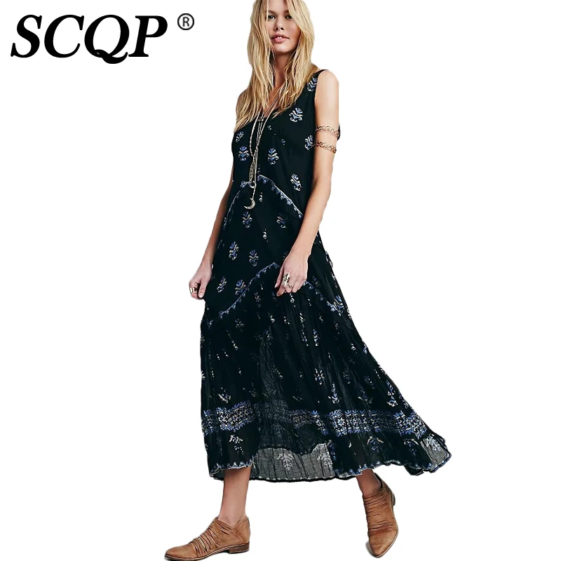 SCQP Спинки Отпечатано Ruffles Beach Dress Дамы Рукавов Глубокий V-образным Вырезом Чешские