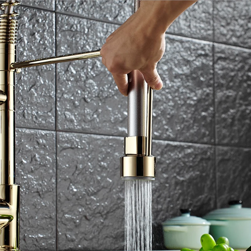 Plating Titanium Gold Pull Out Kitchen Faucet Mixer Multifunctional Water Tap 2 Outlet All Around Rotate Swivel L0156 | Строительство и