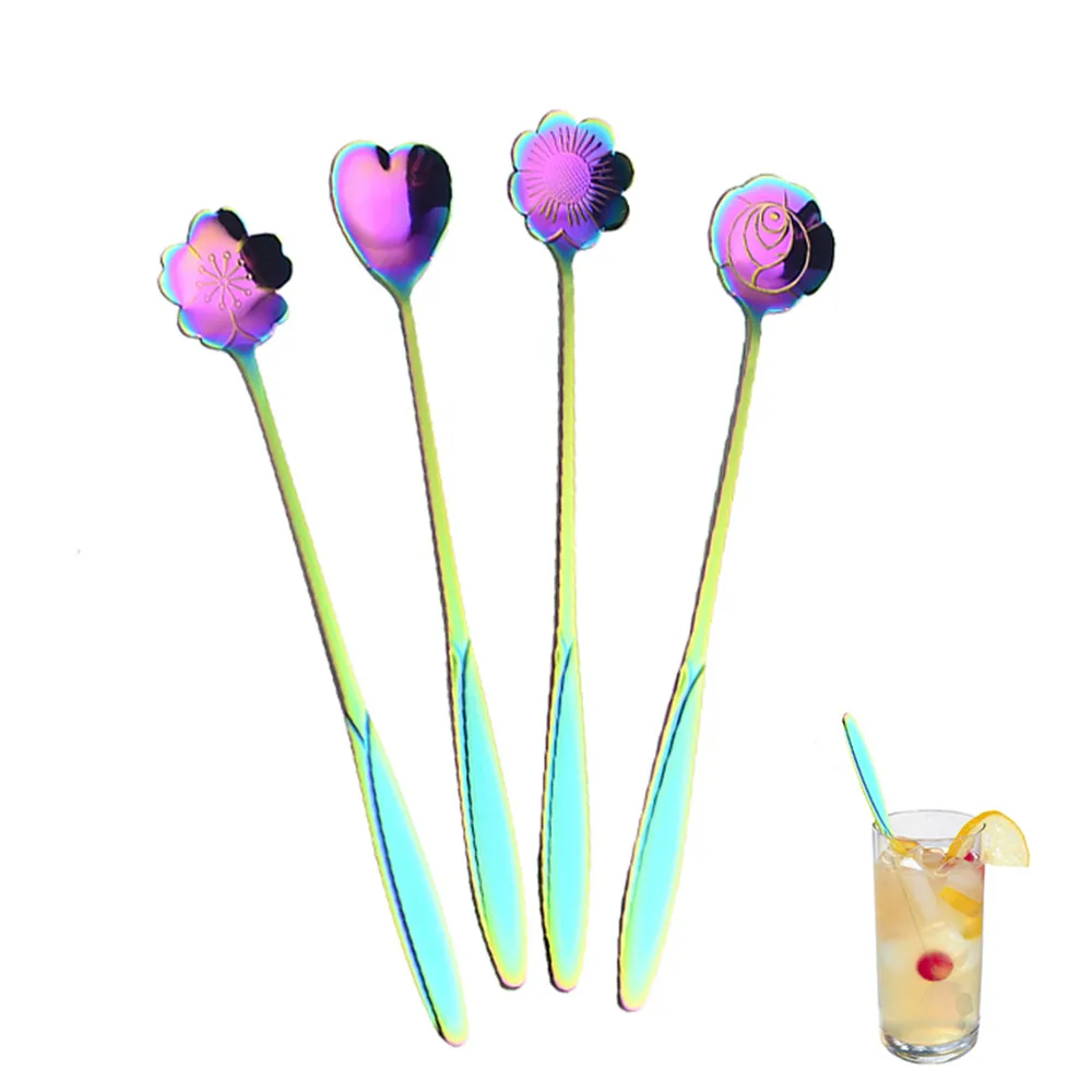 Цветы в форме Кофе совки Нержавеющая сталь Радуга ложки с длинной ручкой