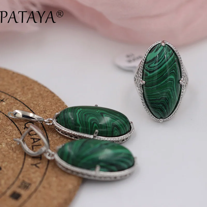 PATAYA, женские свадебные Винтажные Ювелирные наборы, Овальный натуральный камень тигра, большие серьги, набор колец, Настоящее Белое золото, полые Ювелирные наборы