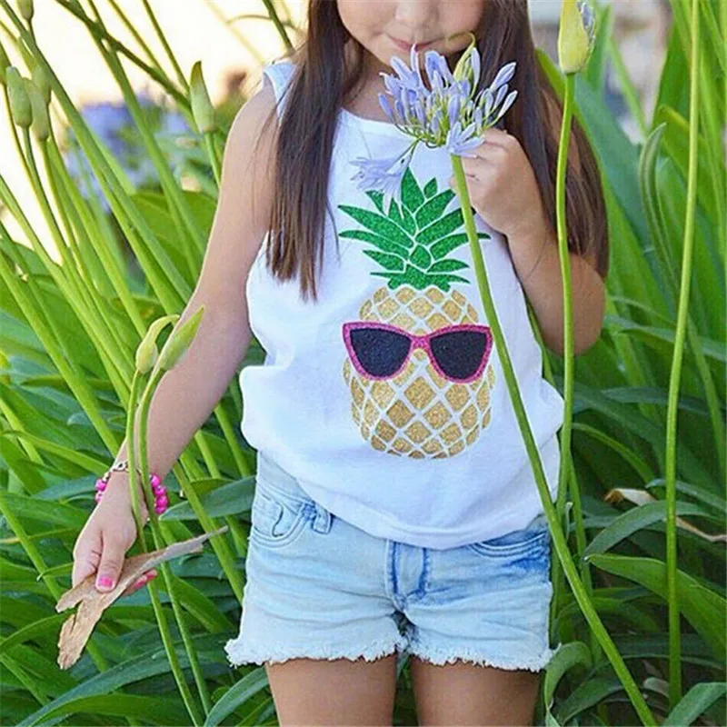Модный детский комплект одежды для девочек лето 2018 топы с 3D принтом ананаса