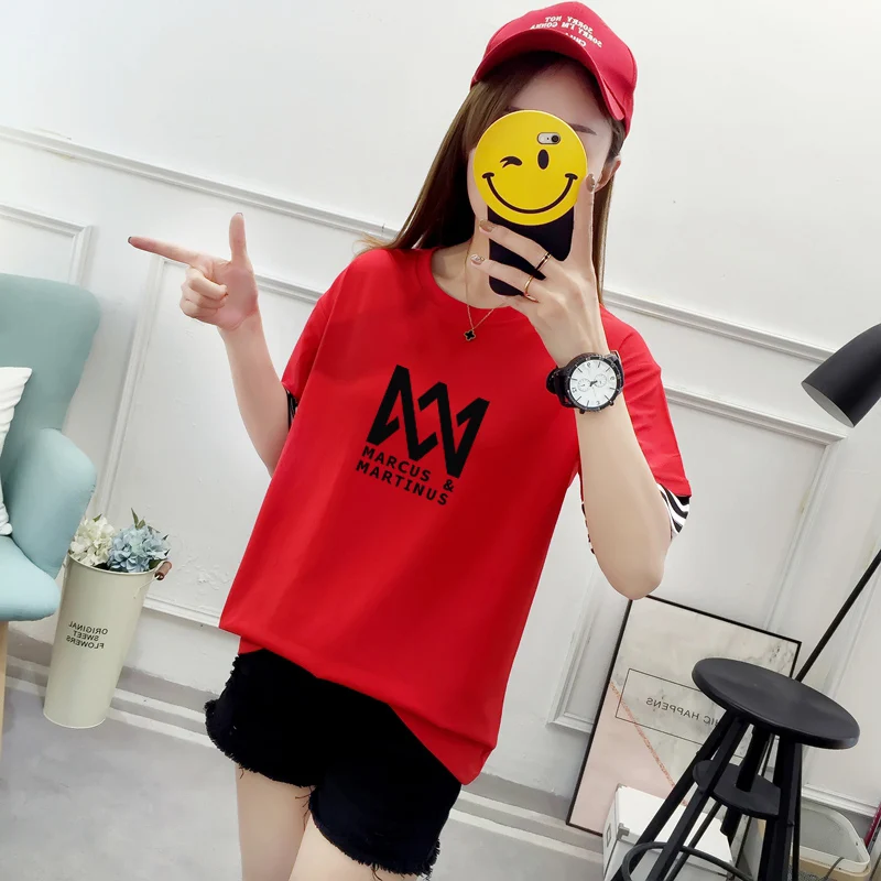 

Summer Short Sleeve Women's T-Shirt Cotton Letter Print Patchwork Sudaderas Mujer Harajuku MARCUS&MARTINUS Hip Hop T-Shirt