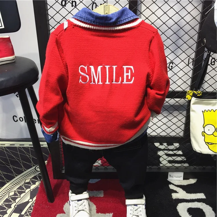 

Hot sale Spring Autumn new fashion baby boy clothes 3pcs set denim style cotton with Knitwear children clothing suit