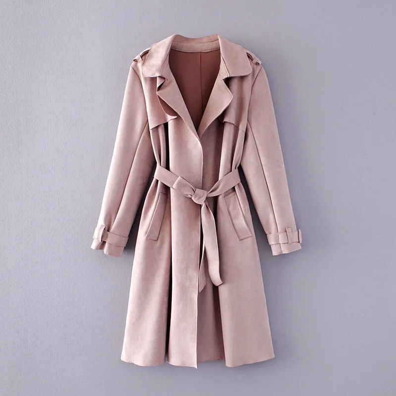 Light pink Розовое замшевое пальто для женщин Abrigo Mujer Длинная Элегантная верхняя одежда женское пальто Тонкий замшевый кардиган Тренч - Цвет: Light pink