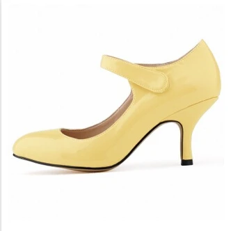 Yellow Heel Женские туфли на высоких каблуках с пряжками и ремешками большие размеры 35–42 женские туфли из лакированной кожи женская обувь на шпильках пикантная женская обувь с круглым носком офисные туфли-лодочки для женщин - Цвет: Yellow Heel