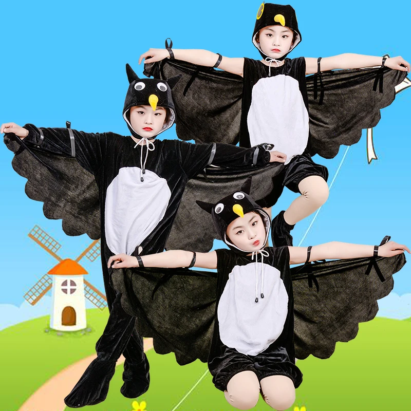 Children Black Crow Owl Costume Genuine Disguise Halloween Kids Animals Performance Cosplay Carnival Party Dress-up Jumpsuit |
