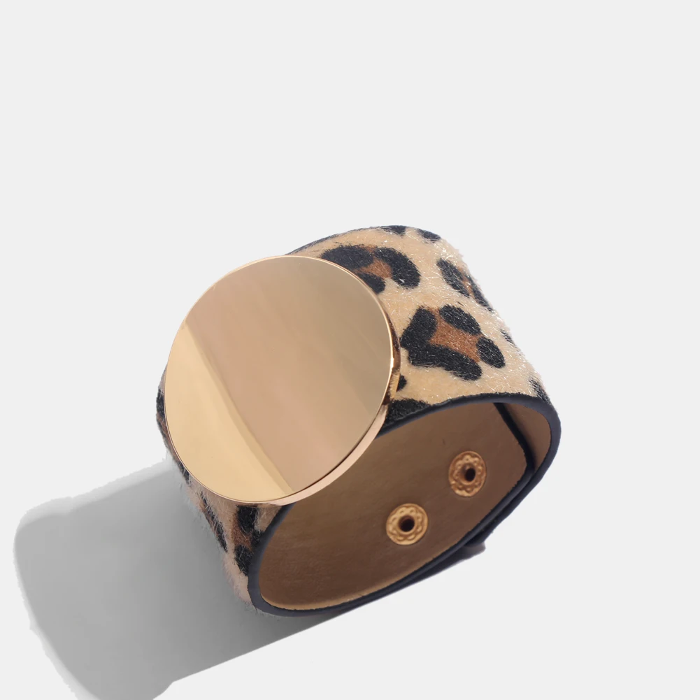 Flatfoosie Fashion ZA Leopard Bangle Bracelets For Women Boho Gold Color Button Vintage Leather Bracelet Christmas Punk Jewelry - Окраска металла: C0022YW