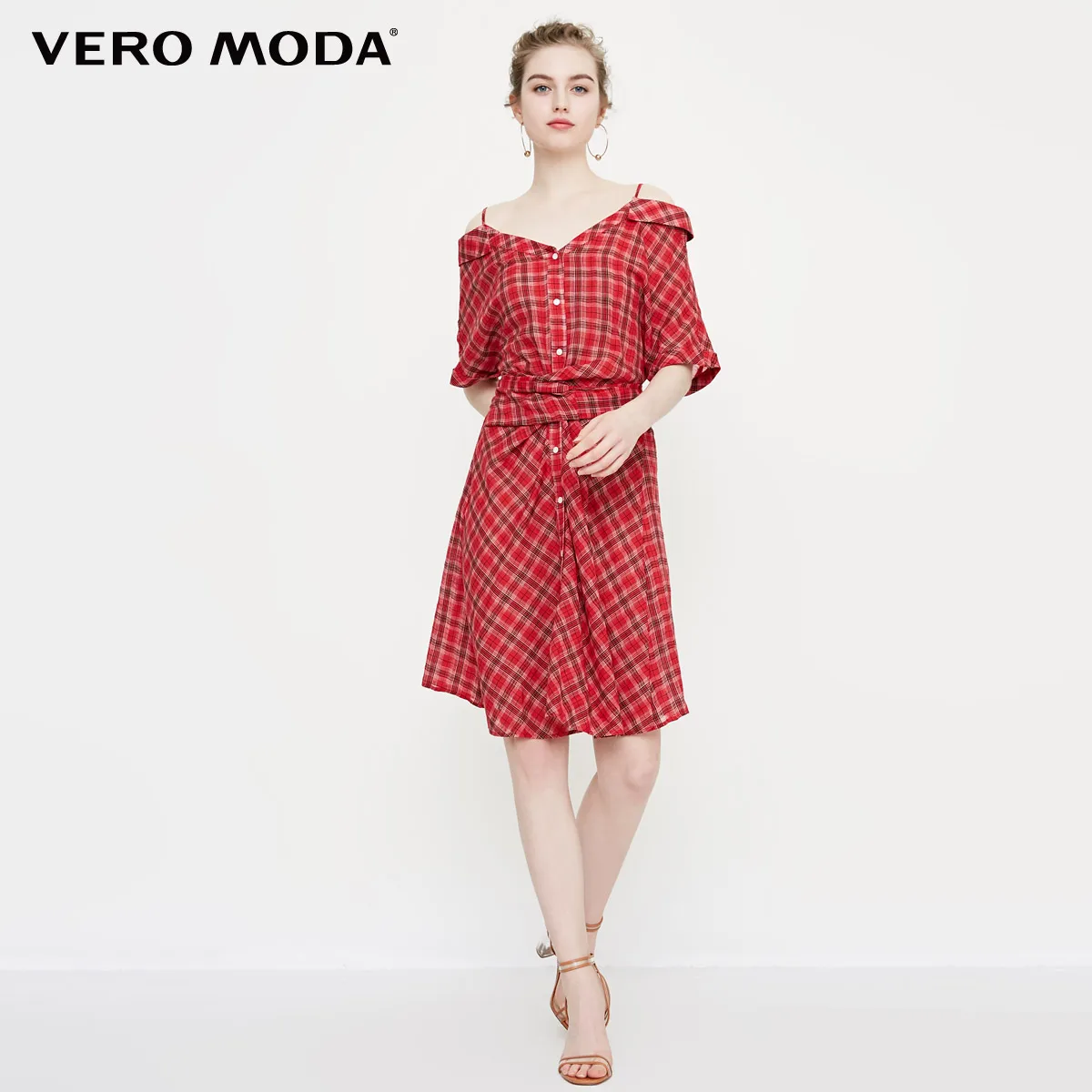 Vero Moda Новое Женское клетчатое платье с открытыми плечами на шнуровке с рукавами 1/2 | 31836W509