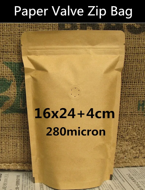 New 50pcs 16x24+4cm Kraft Paper Zip Packaging Bag Coffee Beans Storage Packaging Bag Free Shipping