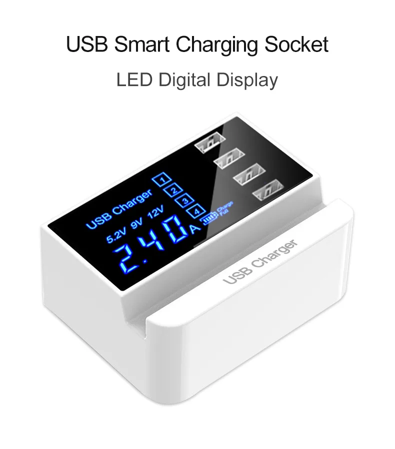 

USB Charger Adapter Station HUB 4 Ports Led Display Mobile Phone Wall Charger For iPhone Samsung Xiaomi USB Charger Stand Holder