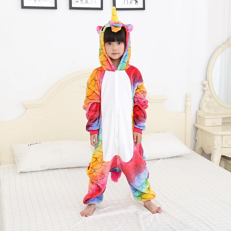 Girls Kigurumi 2018 Winter Pajamas For Boys Rainbow Cartoon Unicorn Kids Jumpsuit 4 6 8 10 12 Years Children Onesie Sleepwear |