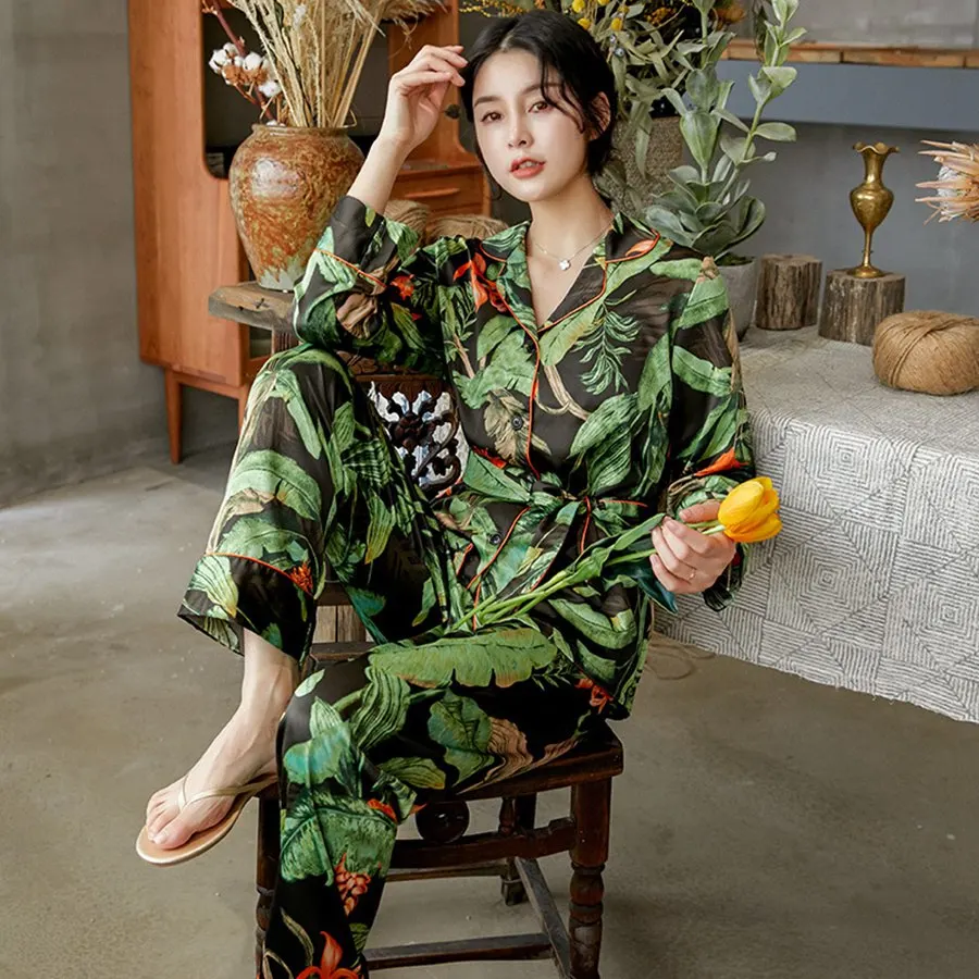 Printed Leaf Pajama Set Green Silk Stain Pijama Set Pants Set Lingerie Kimono Underwear Pyjamas Women Pajamas Sexy Lingerie