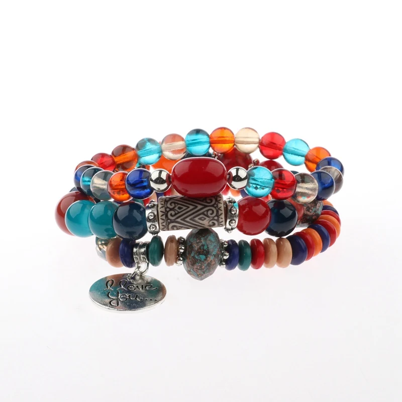 HXB038-5 OIQUEI Fashion Jewelry 3PCS/Set Bohemian Vintage Womens Bracelets Multilayer Natural Stone Beads Charm Bracelets For Women - Окраска металла: HXB038-5