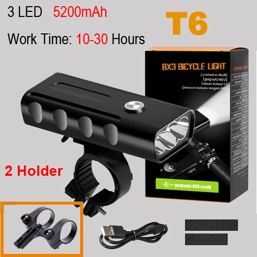 T6 10 hour 2 holder Велосипедный светильник NEWBOLER, 5200 мА/ч, комплект, T6 L2, вспышка, светильник для велосипеда, 2400 люмен, светодиодный фонарь, USB, головной светильник, кронштейн, велосипедная лампа Fornt - Цвет: T6 10 hour 2 holder