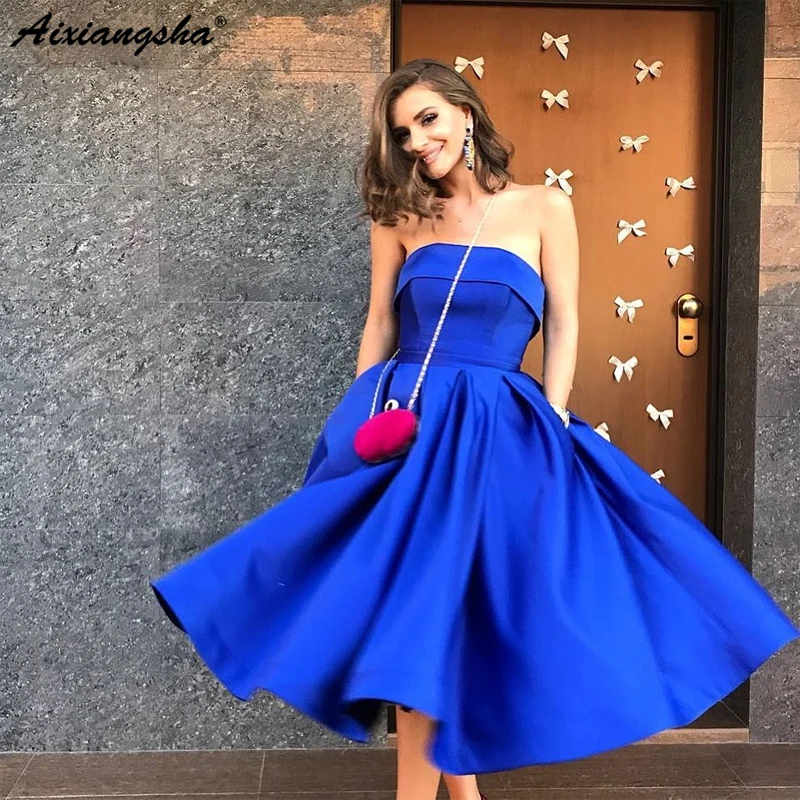 

Elegant Evening Dress Strapless A-Line Blue Prom Dresses Sleeveless Zipper Back Short Evening Frobe de soiree