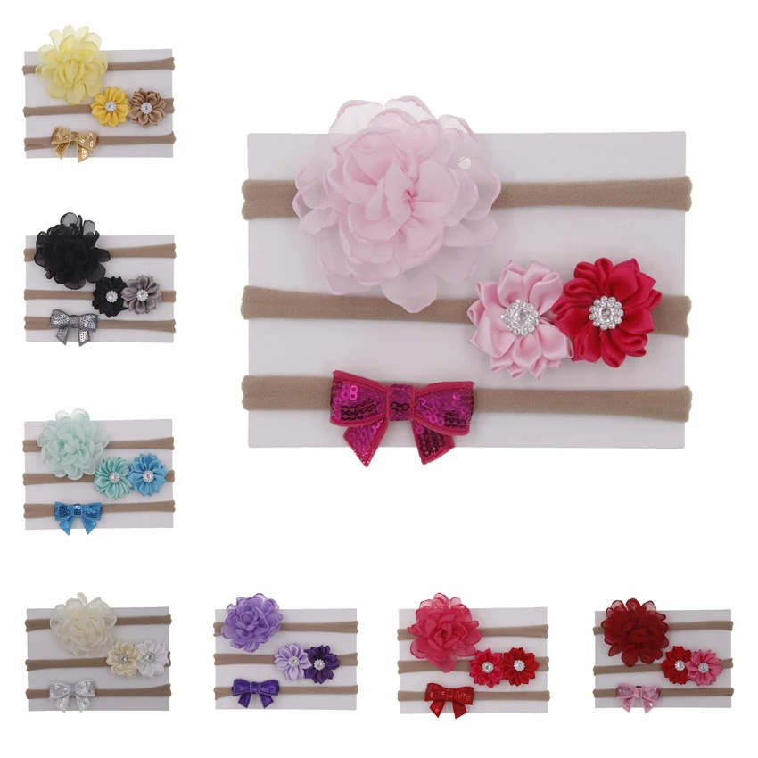 

Cute 3pcs/lot Baby Girls Nylon Hairbands Flowers Sequin Bows Kids Infant Headbands Children Girl Hair Accessories Gift Set