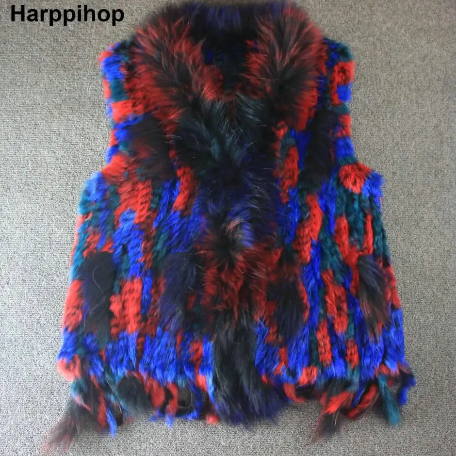 Harppihop * натуральный кроличий мех жилет с воротником из меха енота жилет/куртки