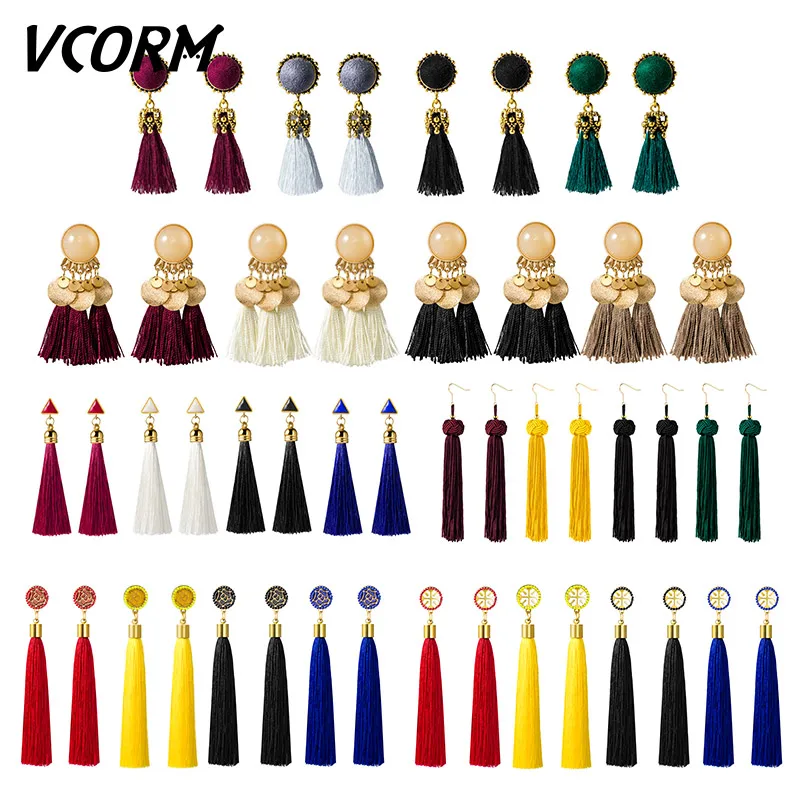VCORM богемные золотые длинные висячие серьги с кисточками для женщин модные
