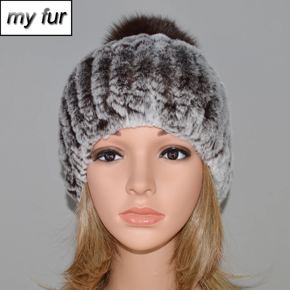 Настоящий мех кролика шапка с мехом лисы меховым помпоном женские новые