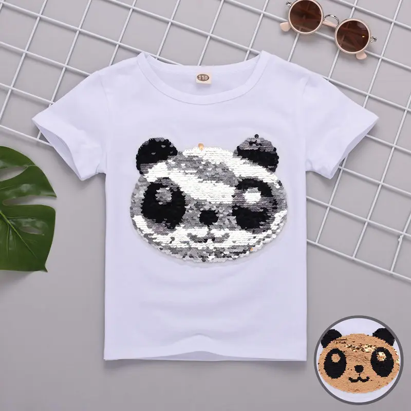 Panda B White Футболка для девочек, лето, Детская футболка с блестками, хлопковые рубашки с мультипликационным принтом, одежда для подростков 5, 6, 8, 10, 12, 13, 14 лет - Цвет: Panda B White