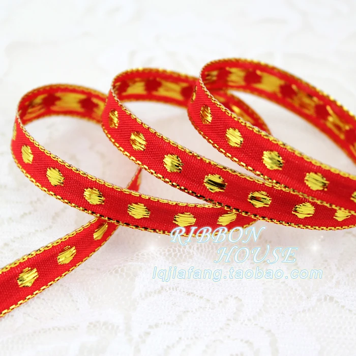 3/8 ''(10 мм) красная Золотая кромка в горошек Grosgrain лента для свадебной вечеринки