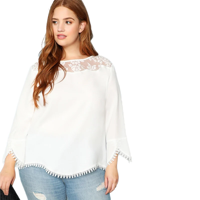 Sheinside, плюс, прозрачные плечи, кружевная отделка, Топ для женщин, весна, одноцветные, три четверти, длина рукава, блузки, элегантный белый топ